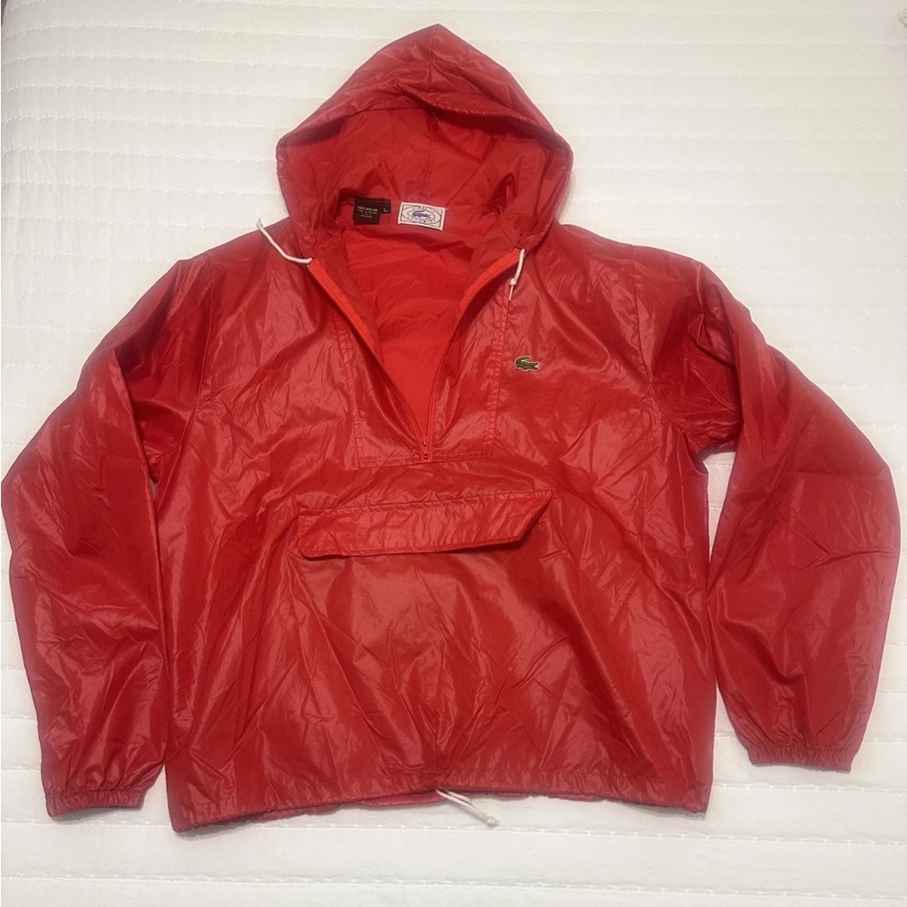 IZOD Lacoste Pullover Jacket 80s Mens Large Hooded Red Windbreaker Vintage Rare